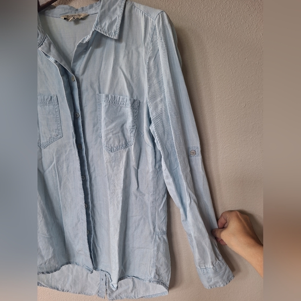 Liverpool Womens Light Wash Chambray Denim Tunic Roll Tab Top. Size S - Picture 3 of 8